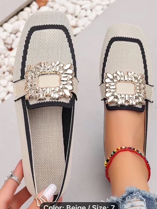 Source Unknown Shoes - Source Unknown Beige Loafers with Crystal Buckle Trim